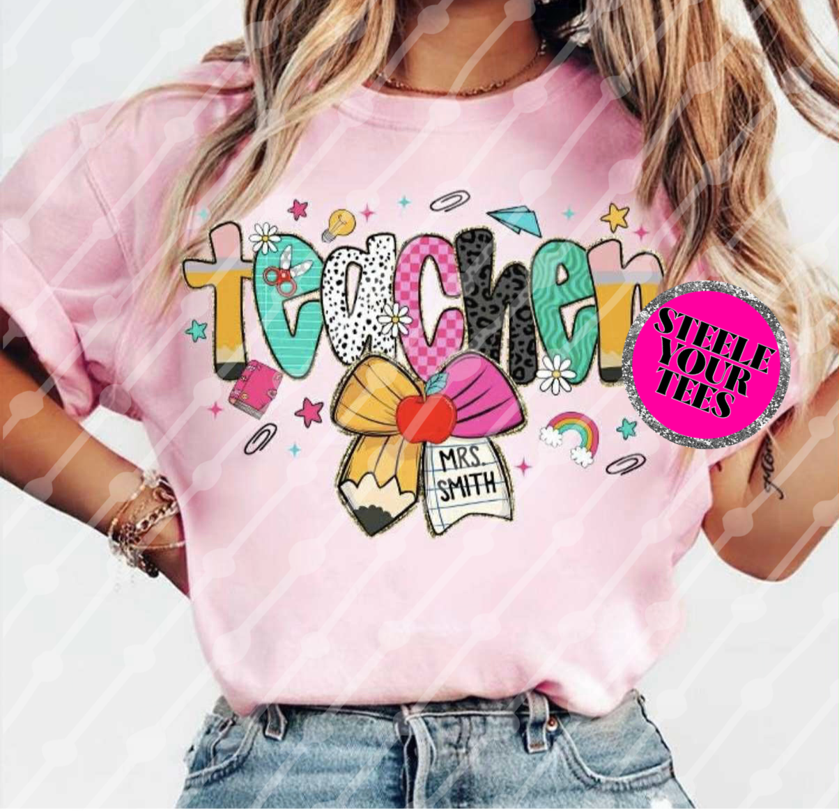 Preppy Teacher Pencil Coquette Bow Name