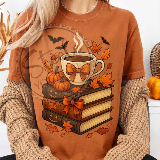 Pumpkin Spice Stack (books and coffee) All Sizes Tee