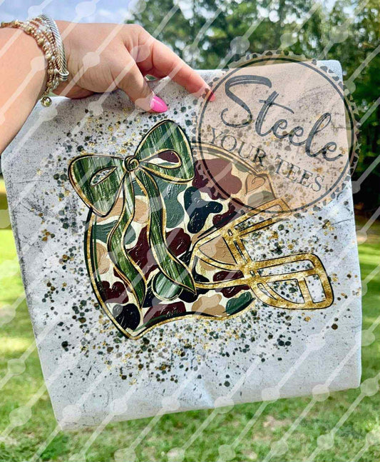 Football Helmet (camo w/bow) All Sizes Tee
