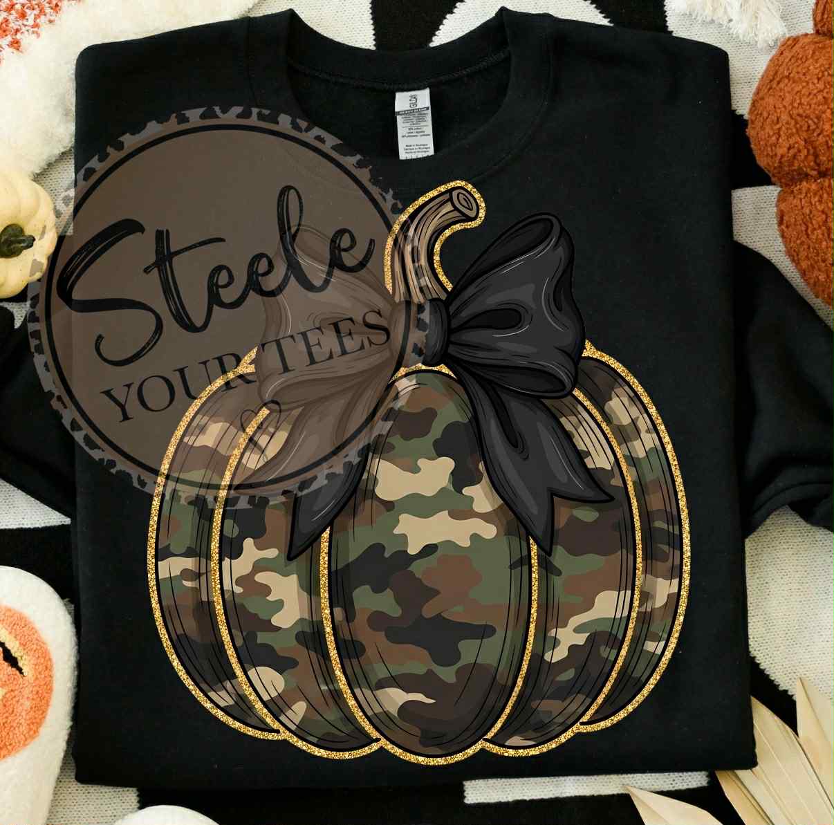 Camo Pumpkin with black Bow All Sizes Tee