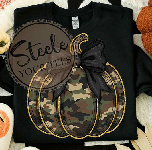 Camo Pumpkin with black Bow All Sizes Tee