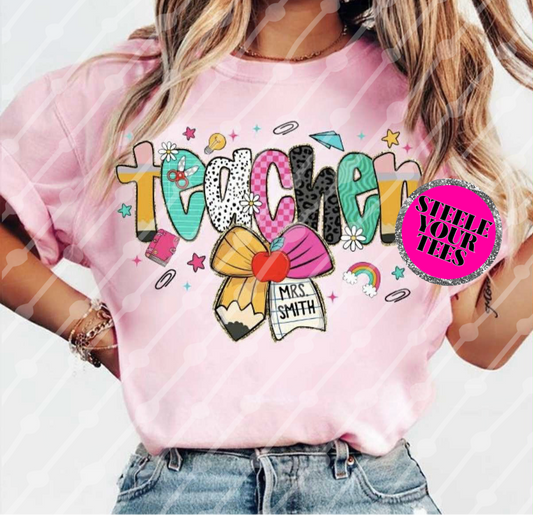 Preppy Teacher Pencil Coquette Bow Name